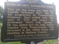 <h2>Marker 1577 (Front)</h2><p>Home of Captain Nathaniel Hart<br>Marker 1577 (Front)<br>County: Madison<br>Location: Approximate 1 Mile South of Main Entrance to Fort Boonesborough State Park, KY 388<br>Photographed by Sharla Gross<br></p>